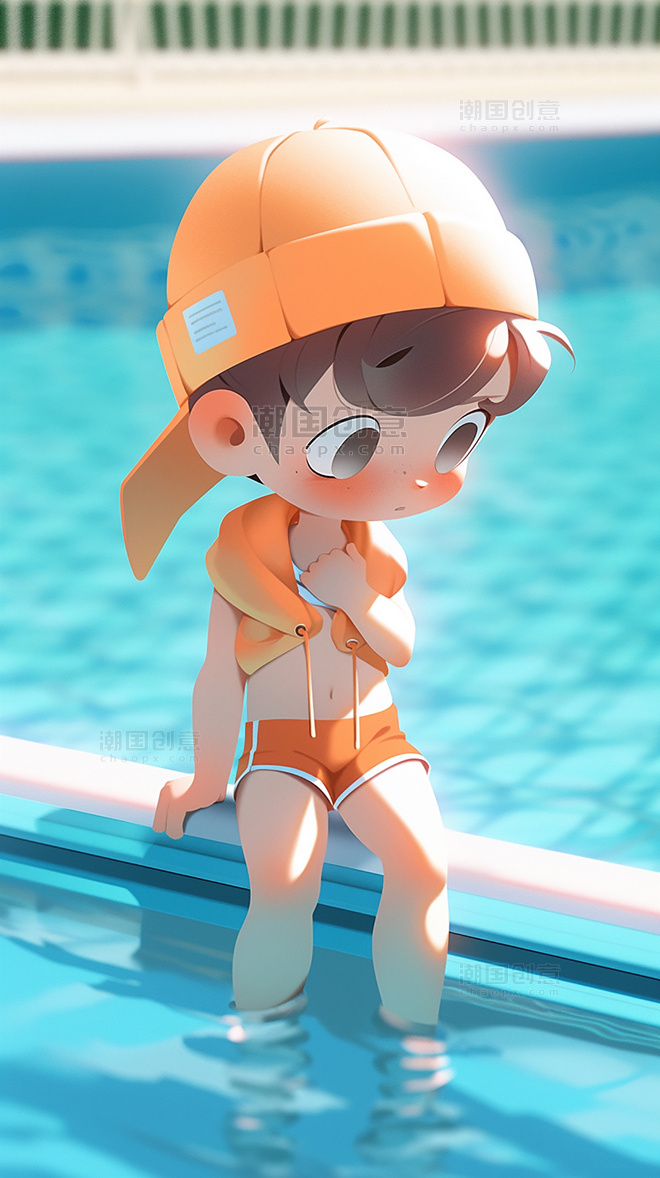 夏季游泳池一个可爱的小男孩夏天凉爽清爽在泳池旁边