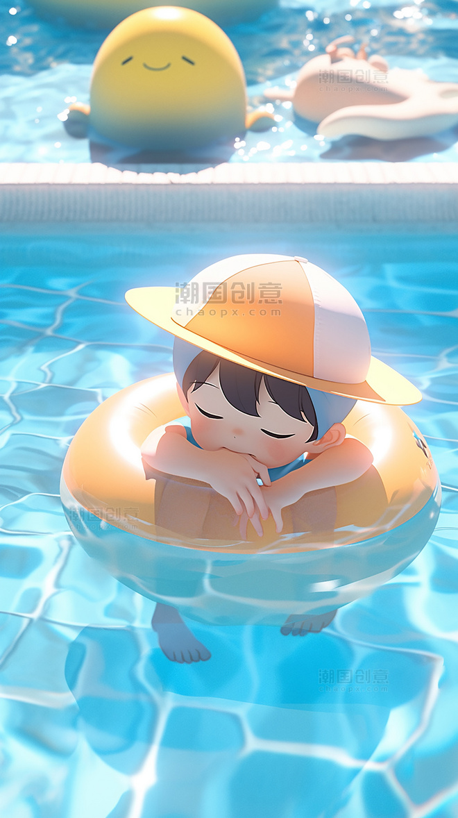 夏天游泳池一个可爱的小男孩夏天凉爽清爽在泳池旁边3d皮克斯潮流c4d