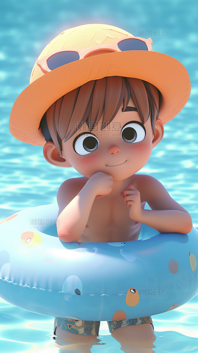 夏季游泳池一个可爱的小男孩夏天凉爽清爽在泳池3d皮克斯潮流c4d