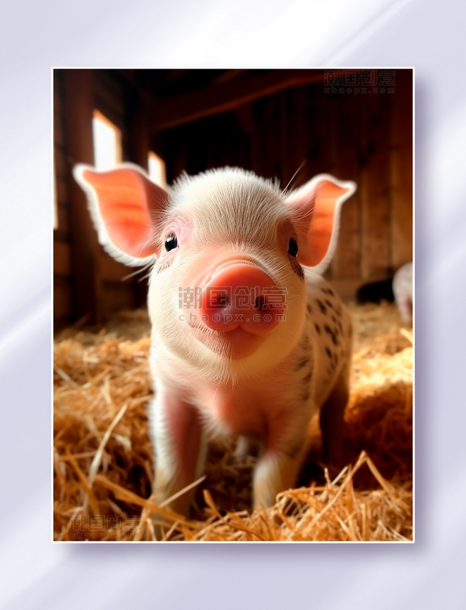 一只花斑小猪站在农场里的甘草上摄影图家禽动物畜牧业
