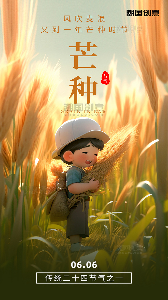 芒种24节气麦穗麦田一个可爱的小男孩节气海报
