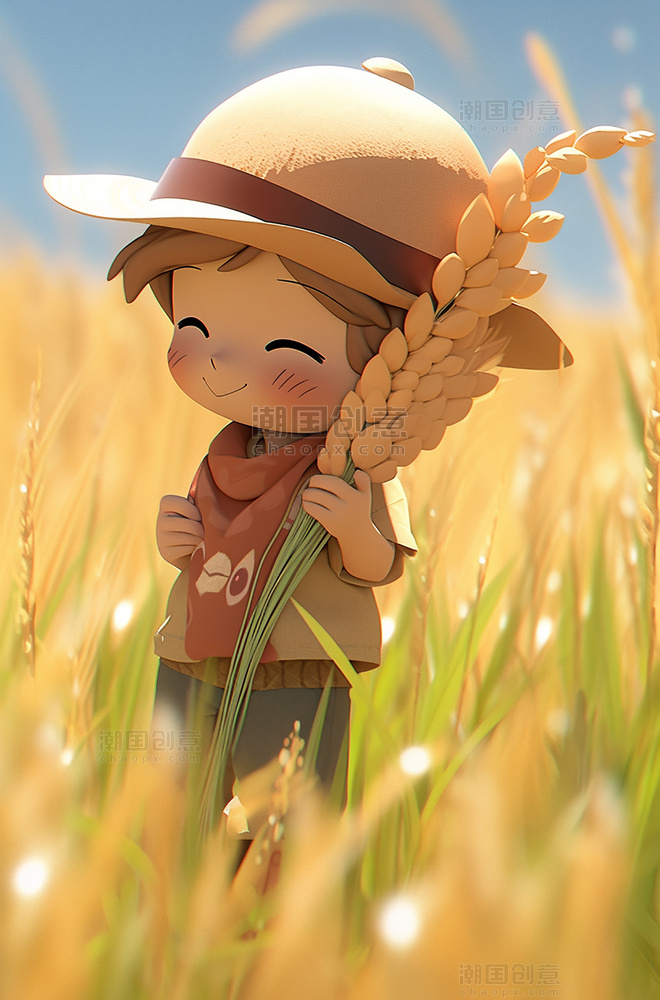 芒种节气24节气一个可爱的小男孩拿着麦穗在麦田3d皮克斯潮流c4d