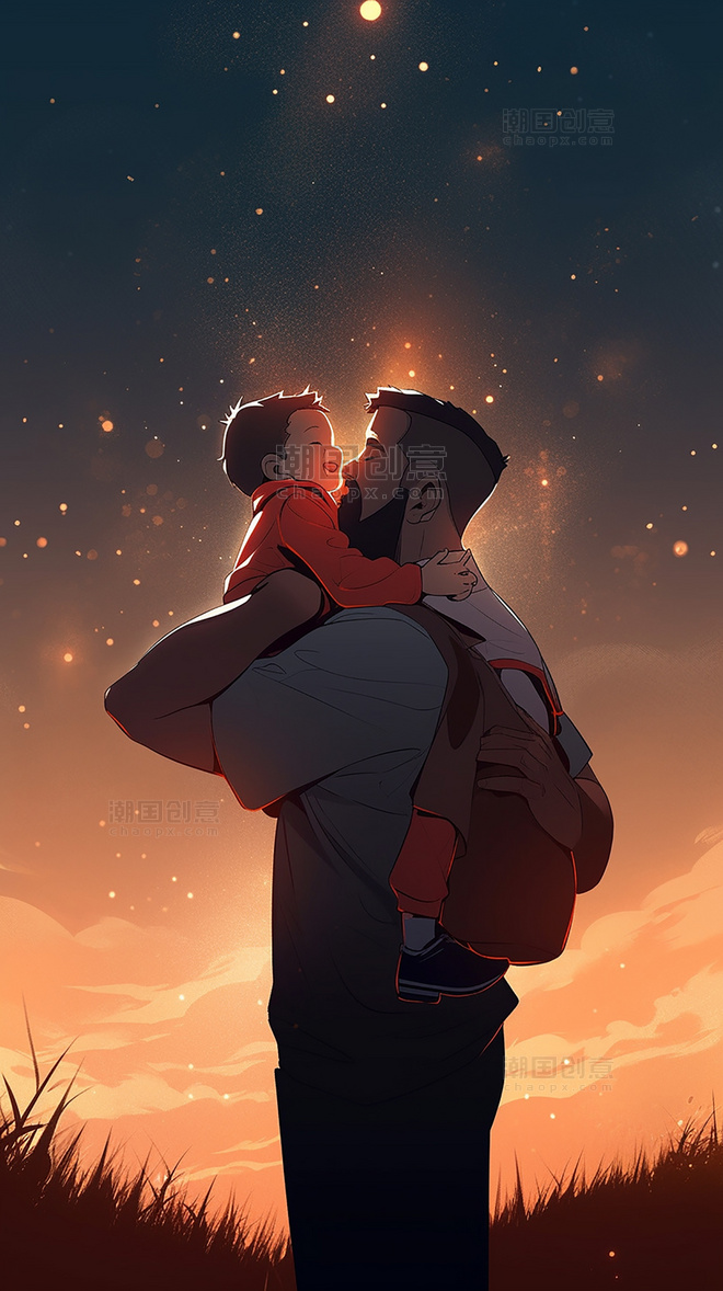 父亲节海报平面插图强壮的父亲抱着可爱的孩子在户外晚上暖色插画