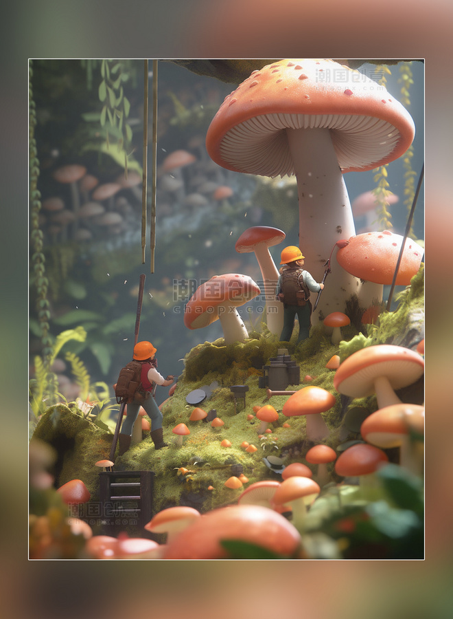 微距摄影蔬菜迷你两名工蘑菇3d渲染蔬菜帝国