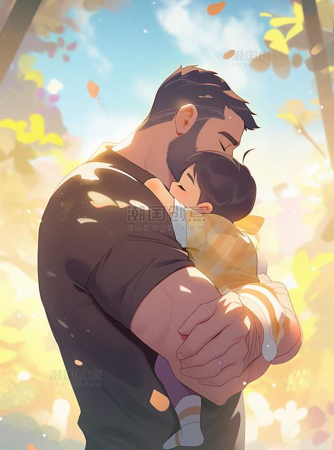 父亲节海报平面插图强壮的父亲抱着可爱的孩子在户外暖色插画