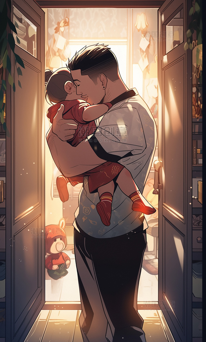 父亲节海报平面插图强壮的父亲抱着可爱的孩子的手室内暖色插画