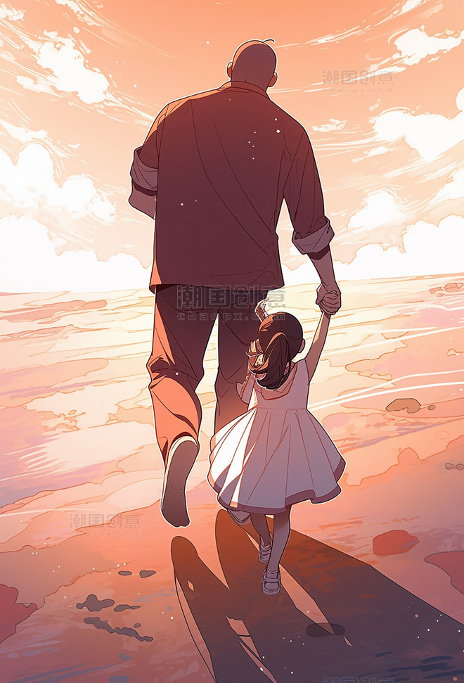 父亲节海报平面插图强壮的父亲和可爱的孩子在海边背影暖色插画