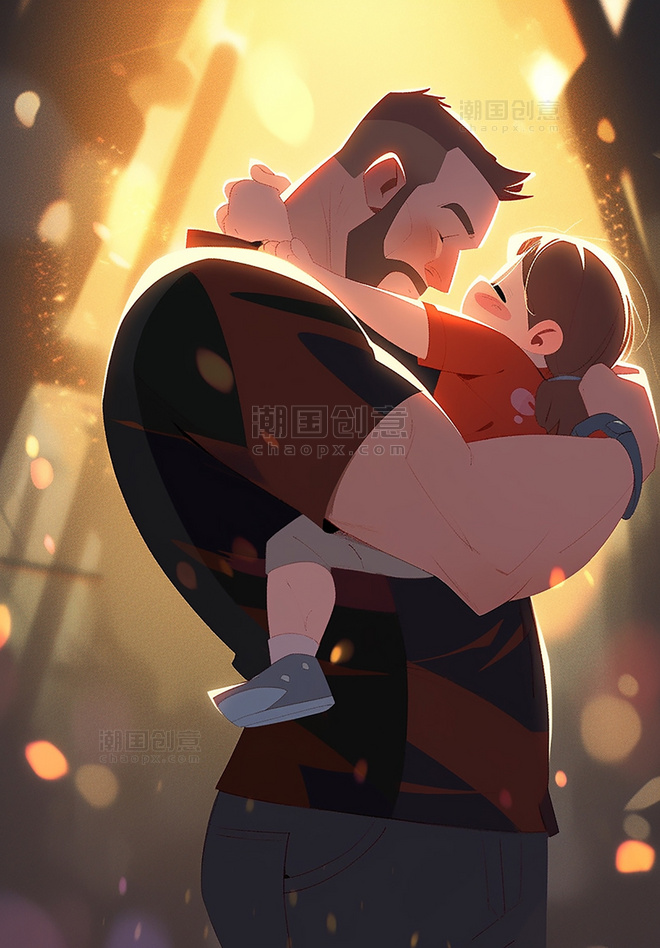 在户外晚上暖色插画父亲节海报平面插图强壮的父亲抱着可爱的孩子