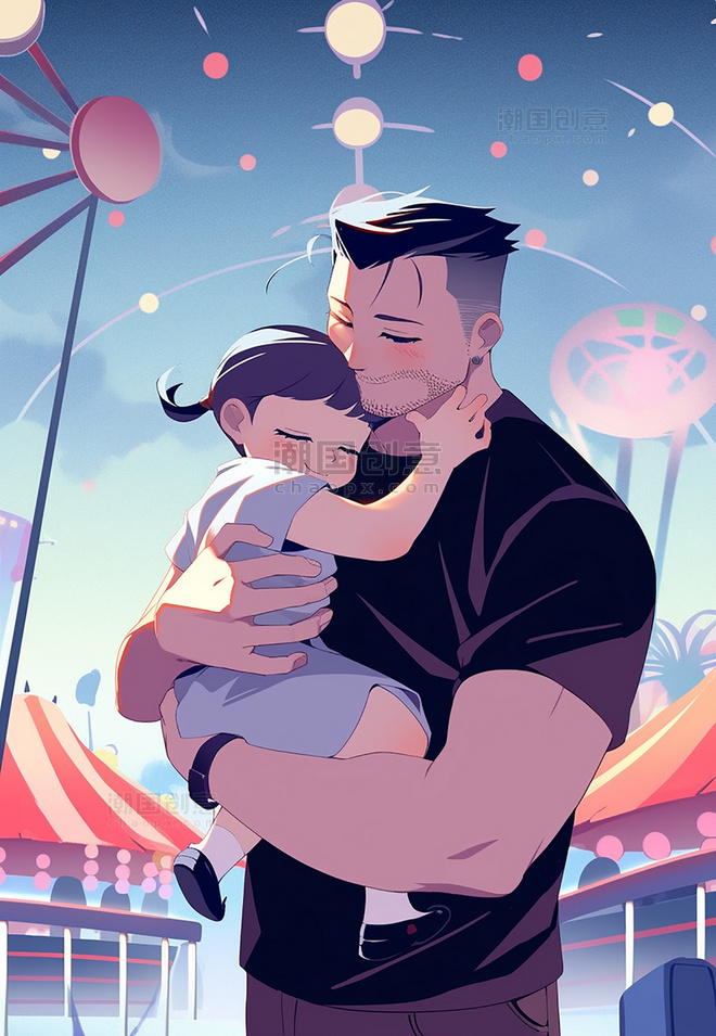 父亲节海报平面插图强壮的父亲和可爱的孩子在游乐场暖色插画