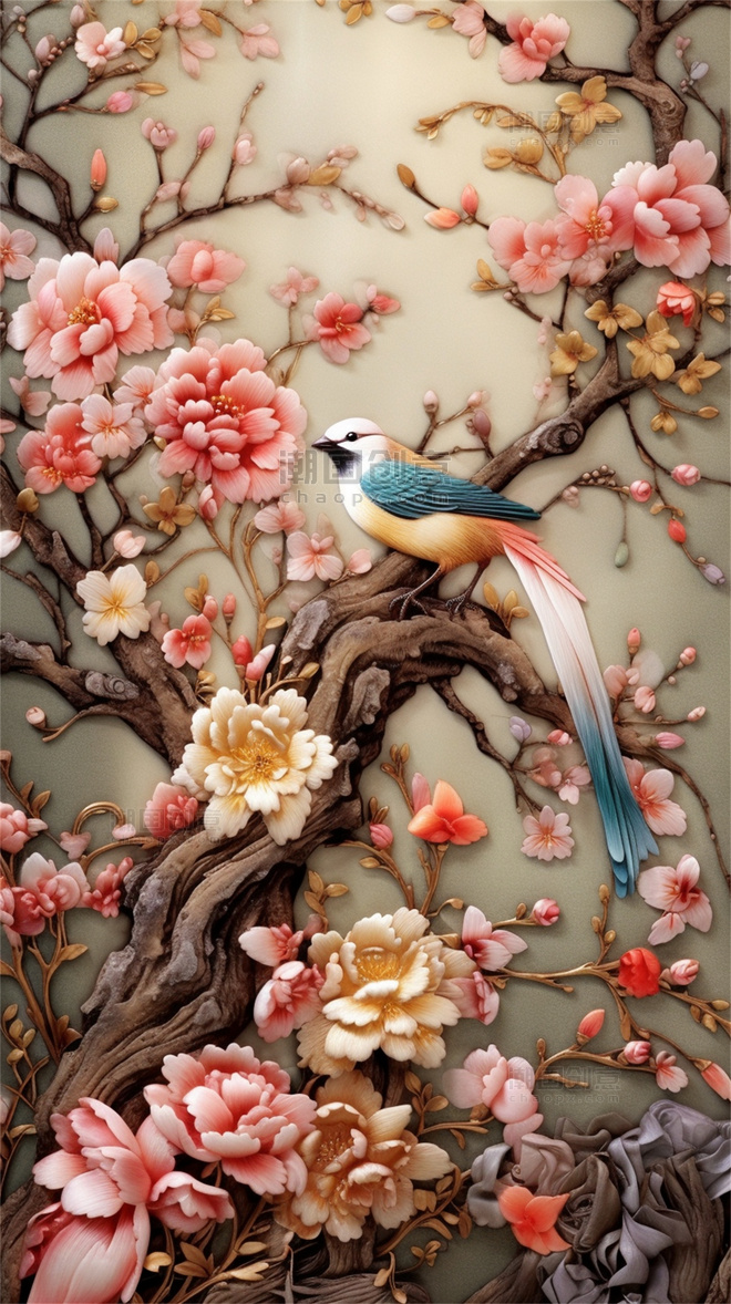 彩色中国风刺绣风花卉牡丹鸟背景5