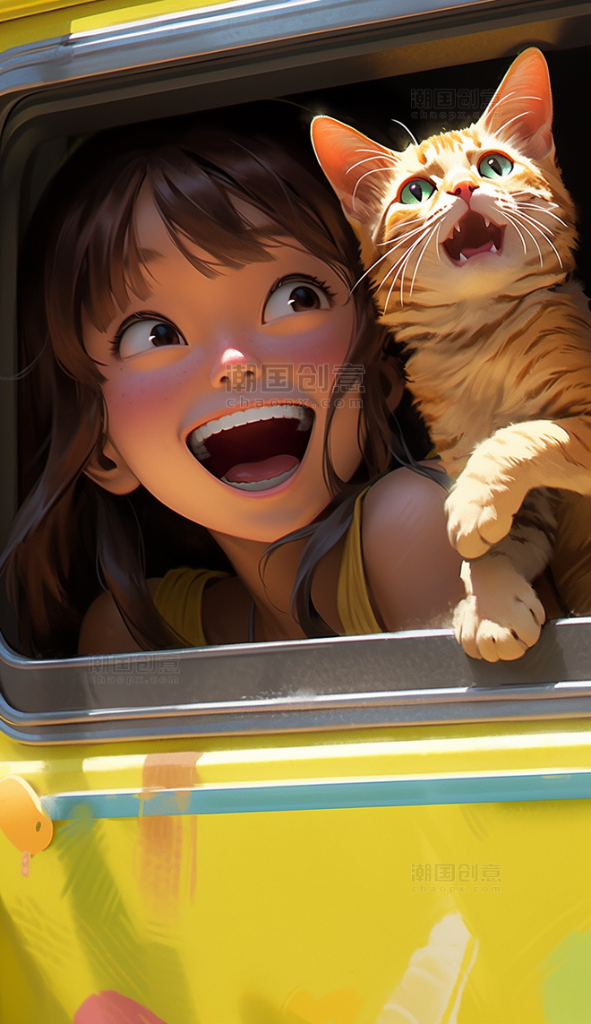 开心的女孩带着猫去露营旅游旅行出游宠物