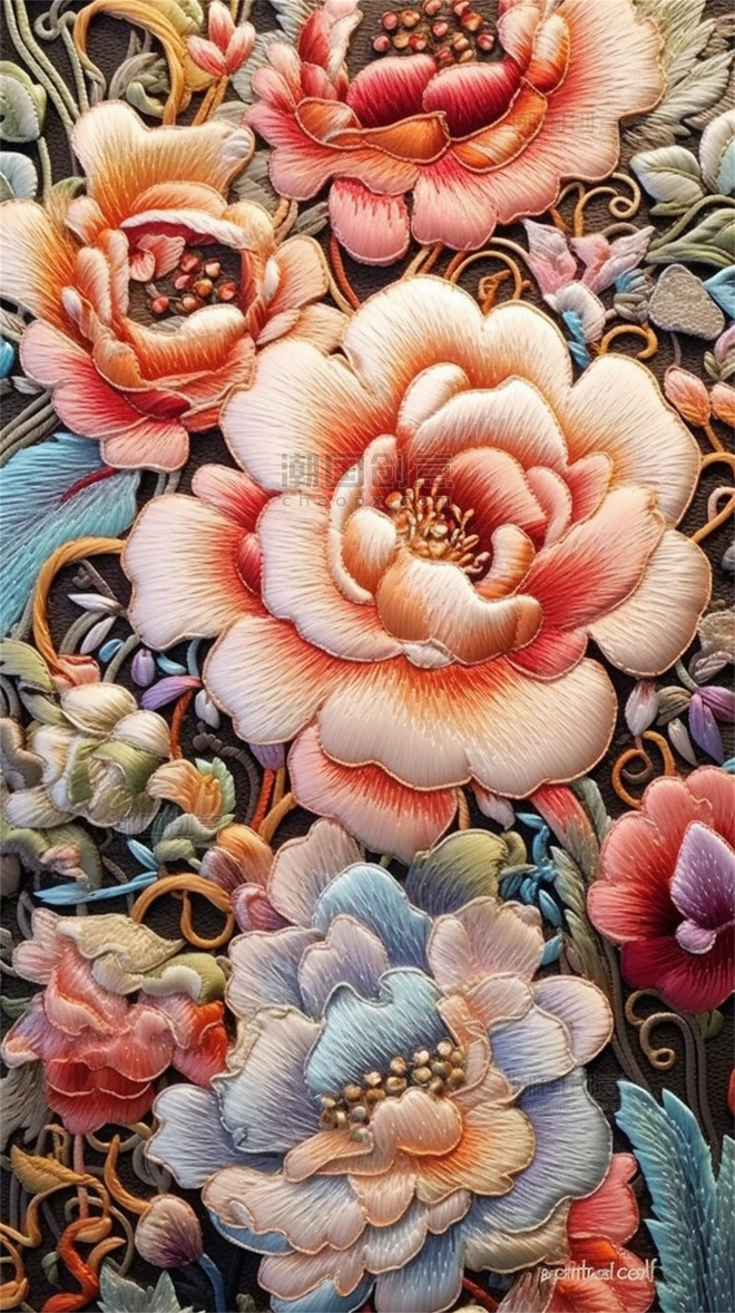 彩色中国风刺绣风花卉牡丹背景4