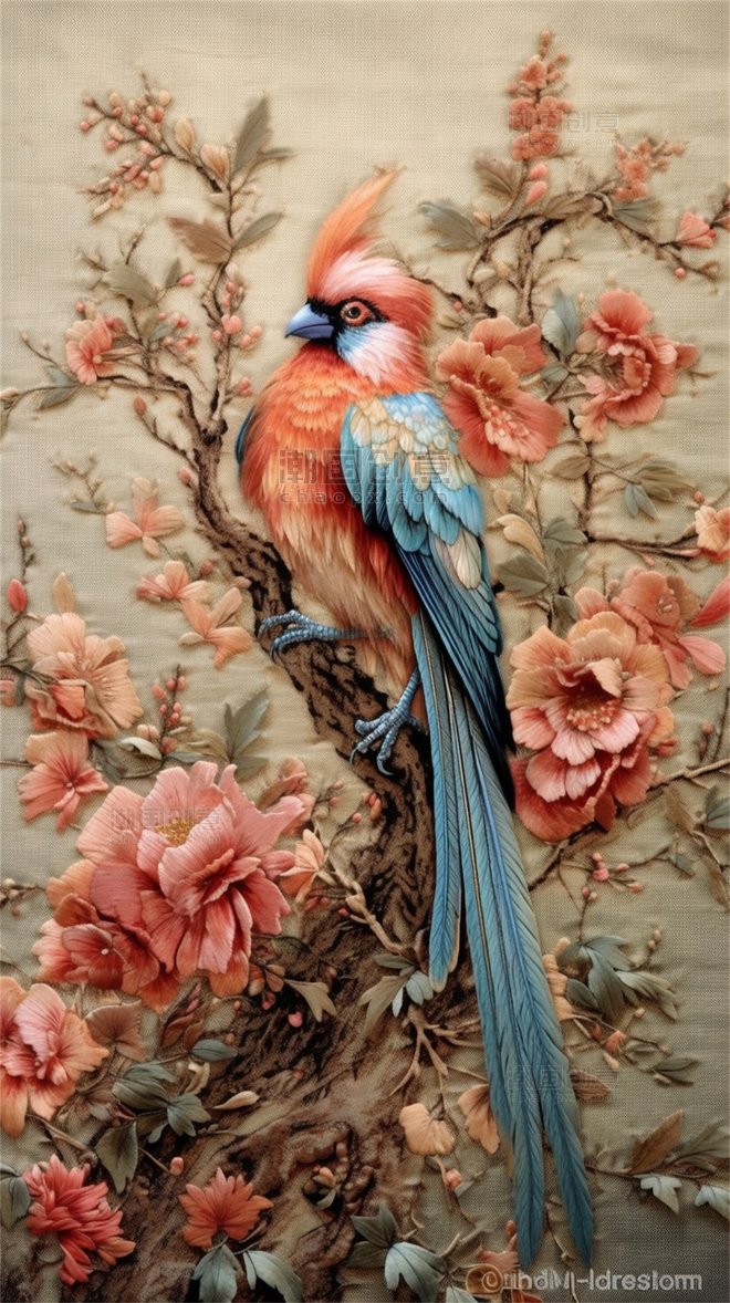 彩色中国风刺绣风花卉牡丹鸟背景3