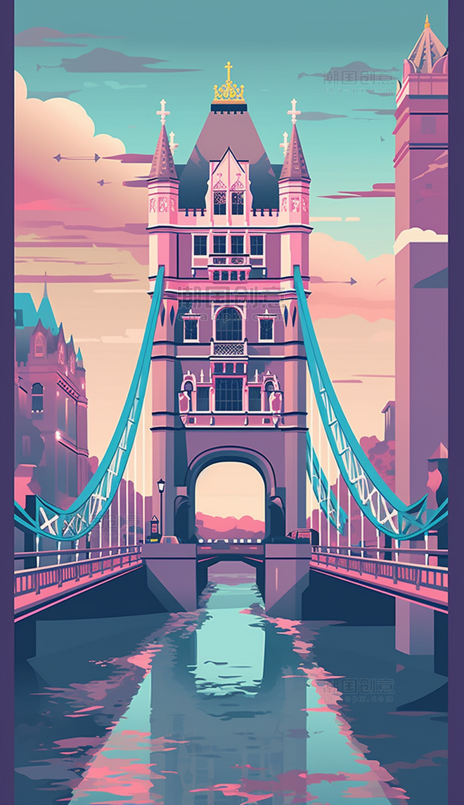 英国塔桥扁平矢量海报插画