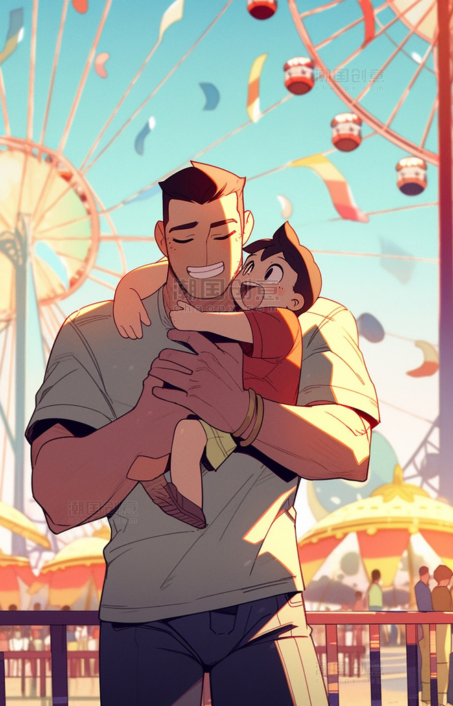暖色插画父亲节海报平面插图强壮的父亲和可爱的孩子在游乐场