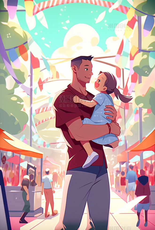 在游乐场暖色插画父亲节海报平面插图强壮的父亲和可爱的孩子