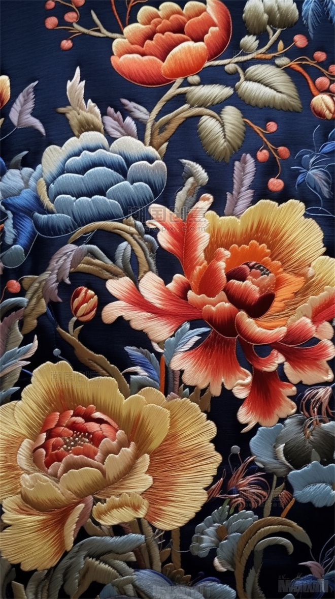 彩色中国风刺绣风花卉牡丹背景3