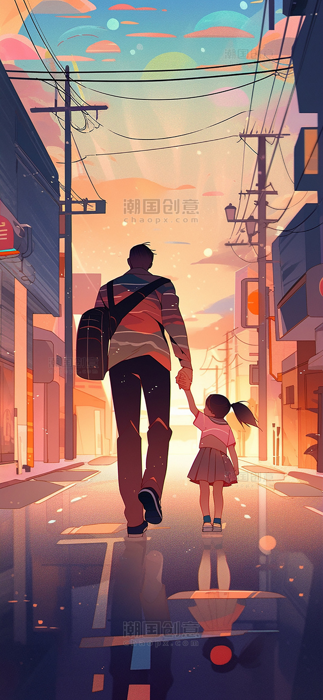 父亲节海报平面插图强壮的父亲和可爱的孩子在路上暖色插画