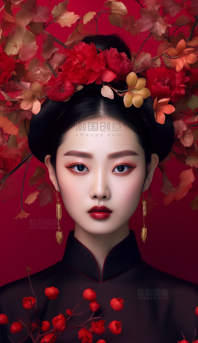 中国红美女模特美妆人物上半身特写