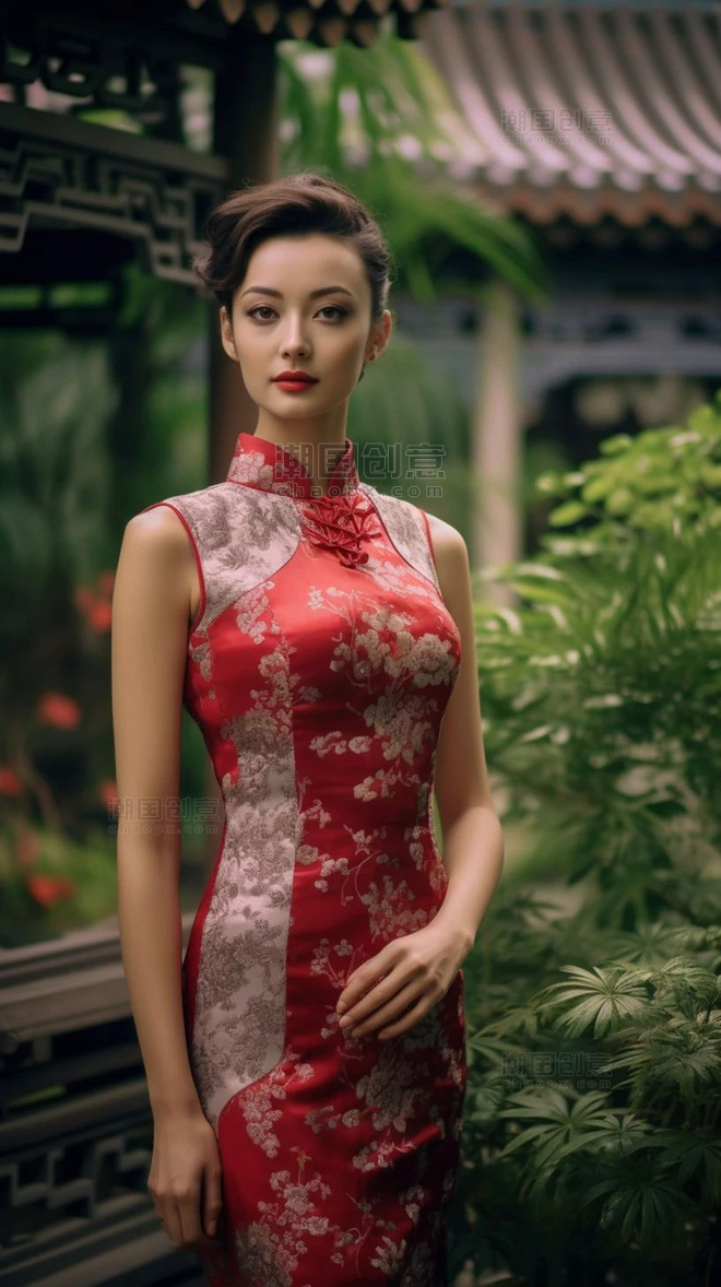 传统美女服饰红色旗袍