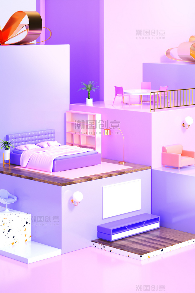 粉紫色家居家具3D场景