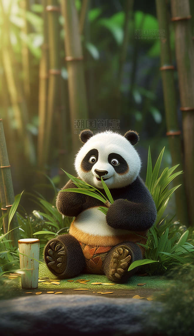 毛茸茸大熊猫竹林吃竹子