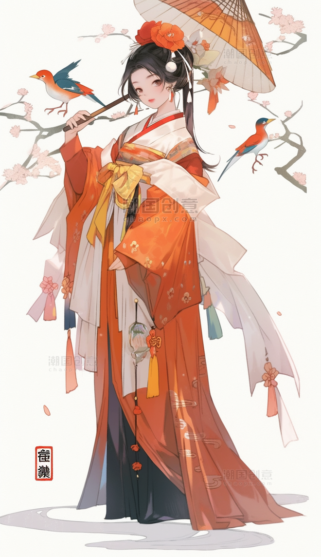 撑伞古风橙色红色衣汉服女孩插画中国风