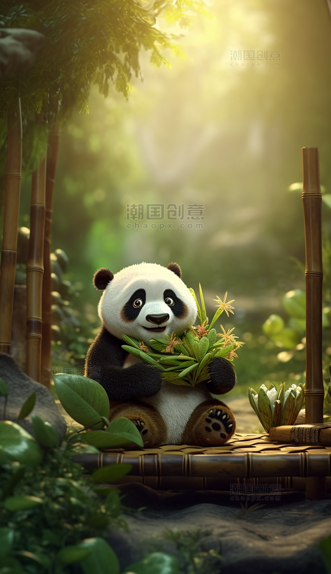 清晨大熊猫竹林吃竹子