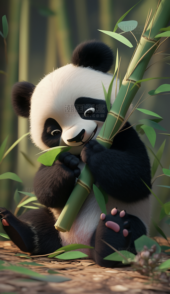 大熊猫竹林吃竹子  