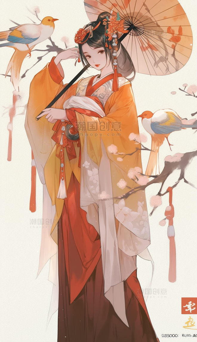撑伞古风橙色红色衣汉服女孩插画中国风