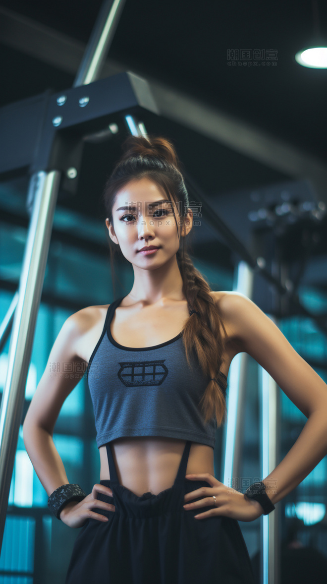 摄影图超级清晰健身房亚洲女生在健身
