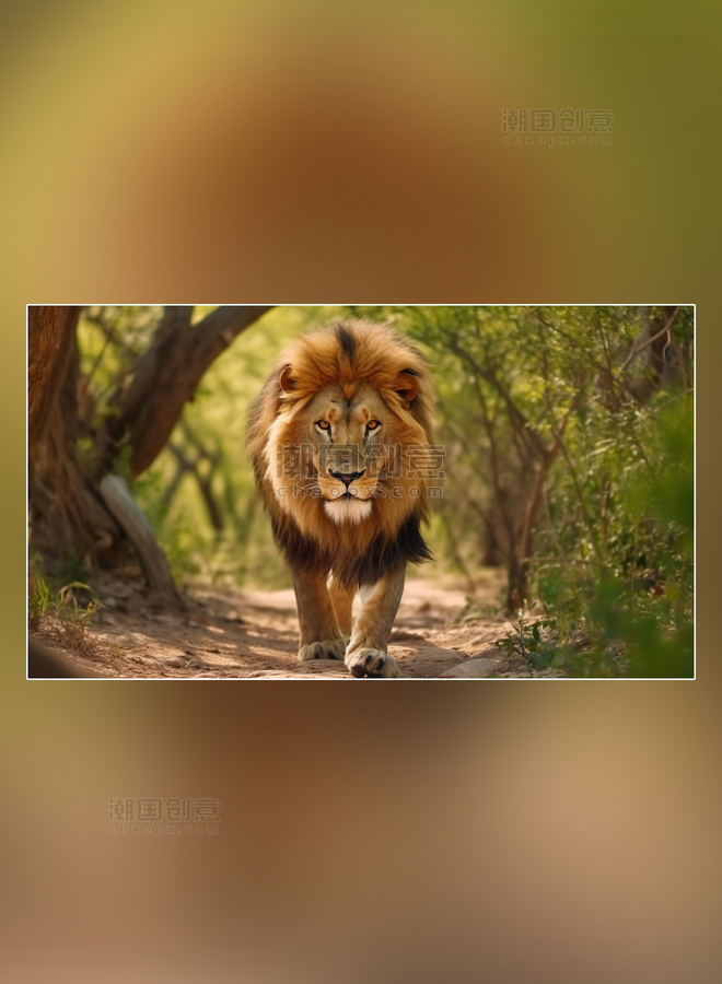 摄影图狮子在森林里行走野生动物狮子森林背景