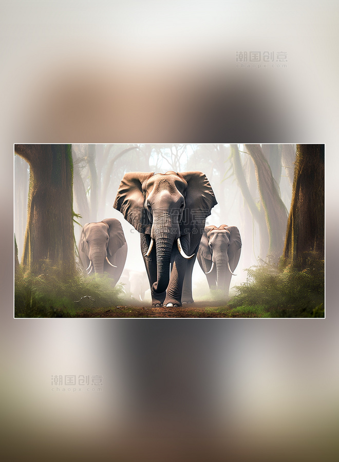 大象在森林里面行走特写大象动物森林背景树林摄影图