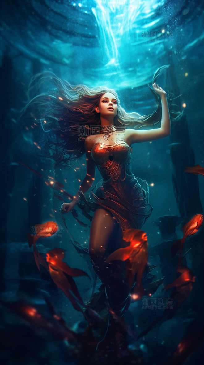 水下场景全身美人鱼美丽的大海深红色和蓝色的风格海洋民间传说
