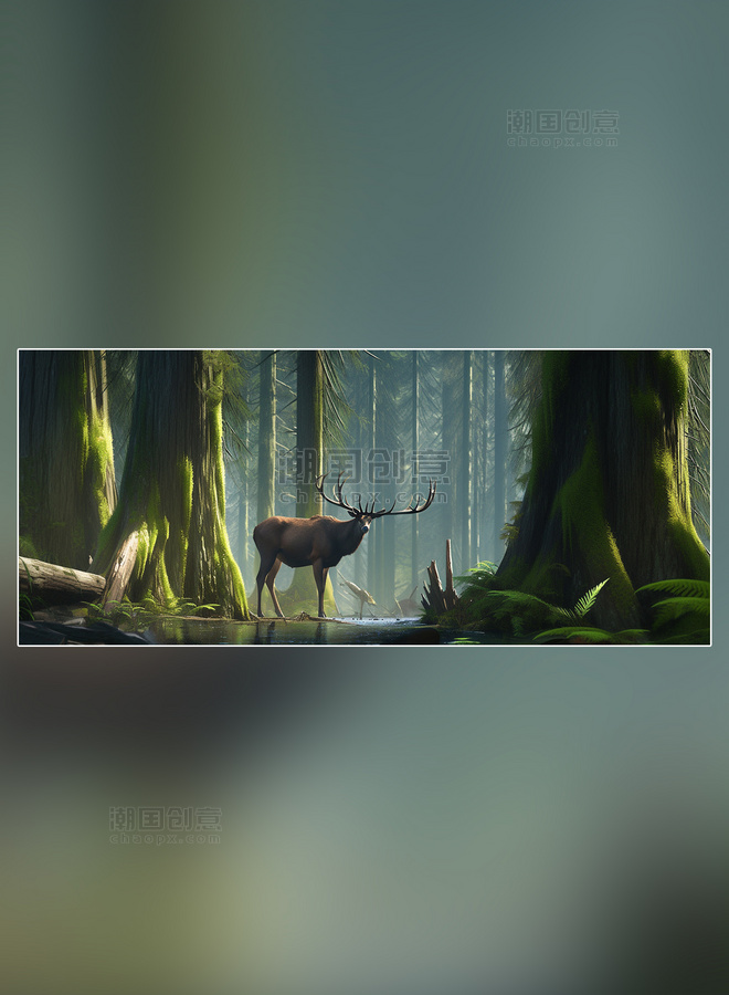 森林背景树林摄影图野生动物麋鹿在森林里面行走特写麋鹿动物