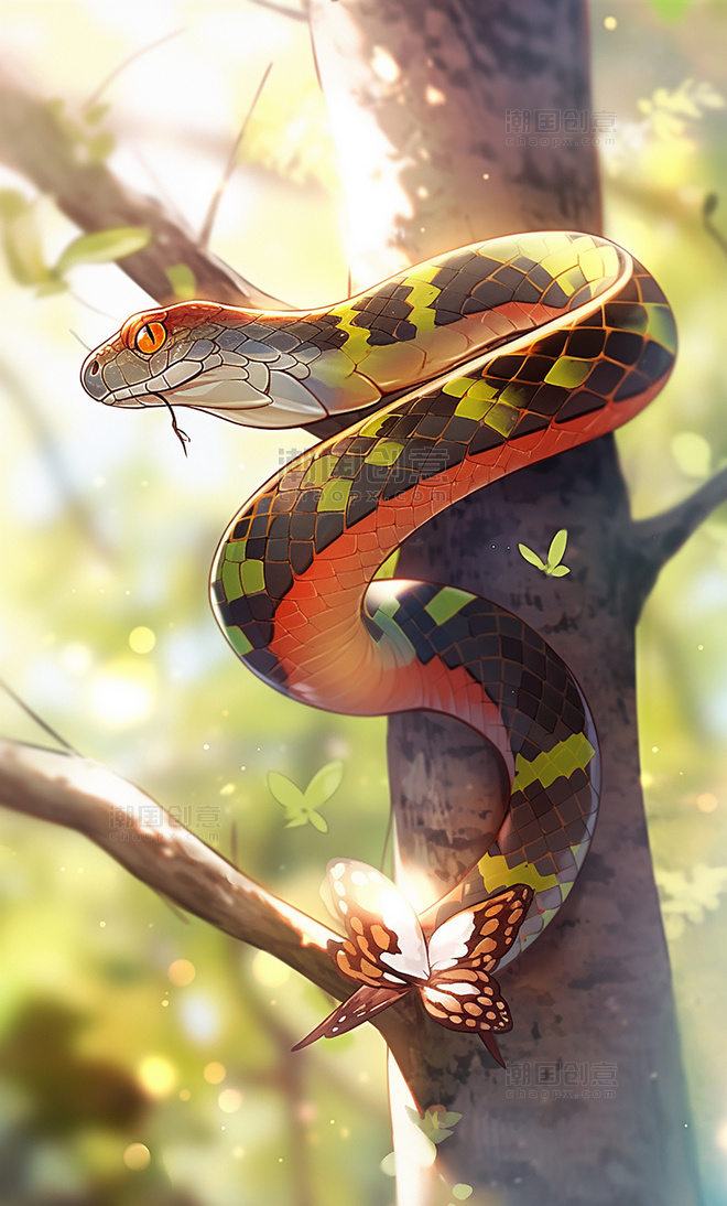 动物森林背景树林摄影图动物蛇在树上特写蛇