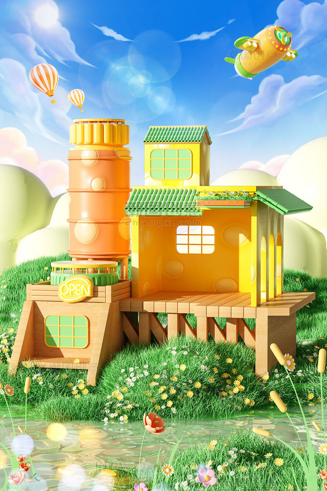 电商卡通3D立体绿色母婴自然场景房子房屋