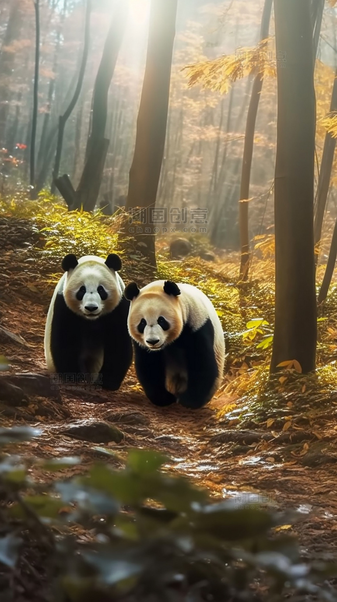 熊猫在森林里面行走特写熊猫动物森林背景树林摄影图野生动物