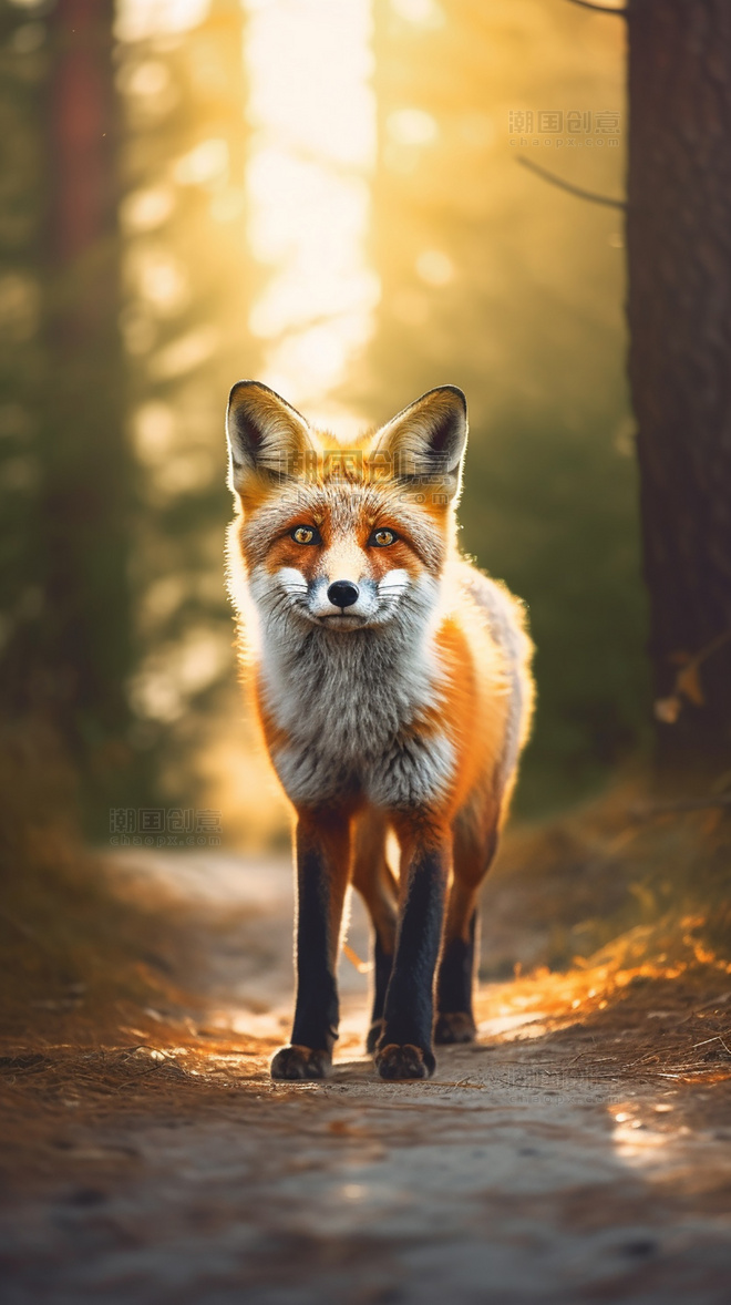 森林背景树林摄影图野生动物狐狸在森林里面行走特写狐狸动物