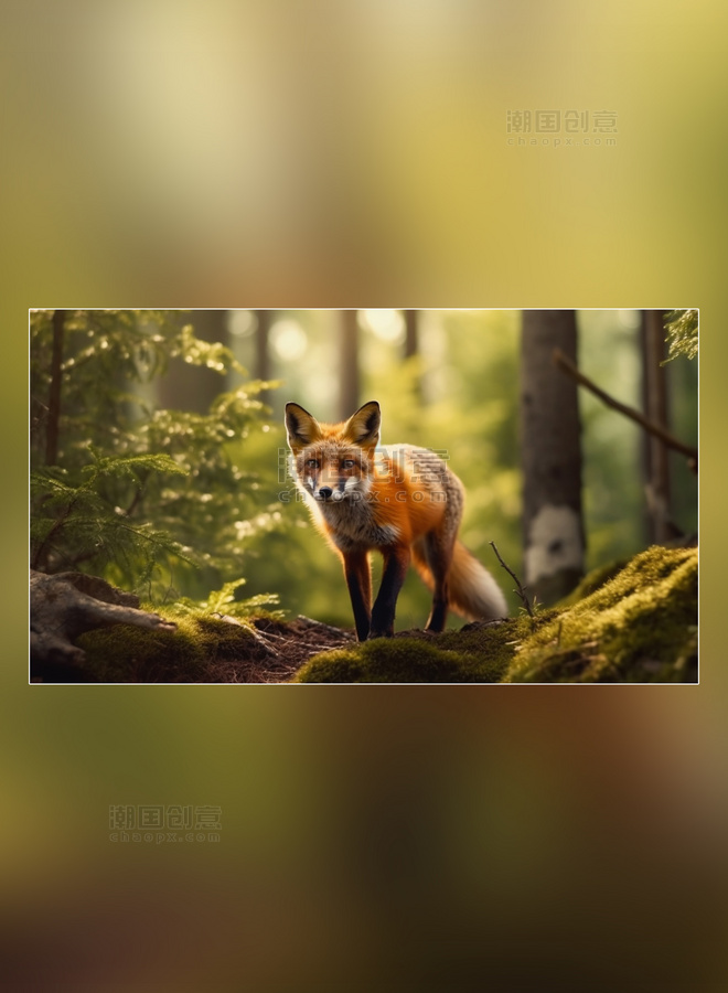 摄影图野生动物狐狸在森林里面行走特写狐狸动物森林背景树林