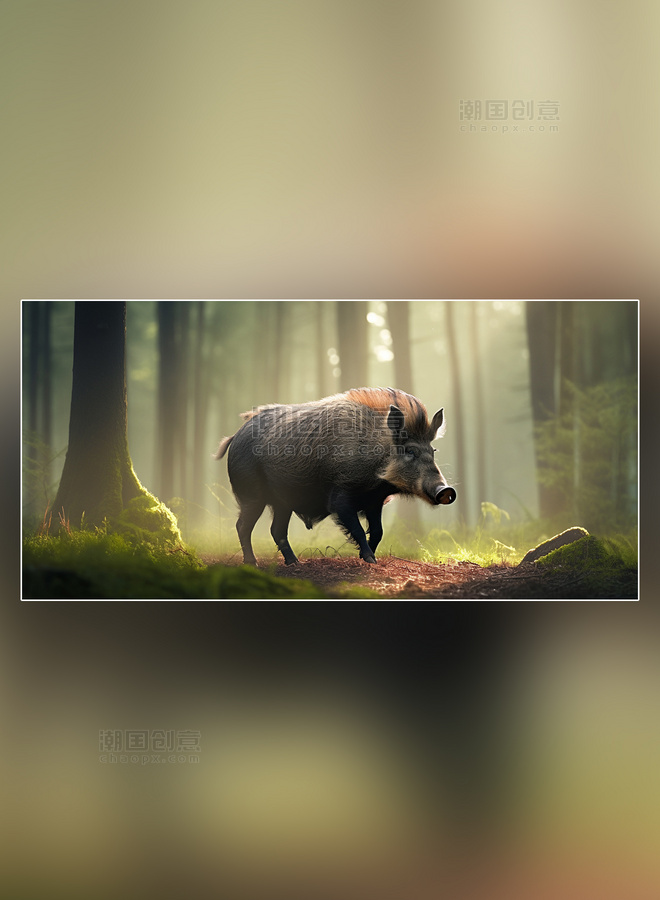 野生动物野猪在森林里面行走特写野猪动物森林背景树林摄影图