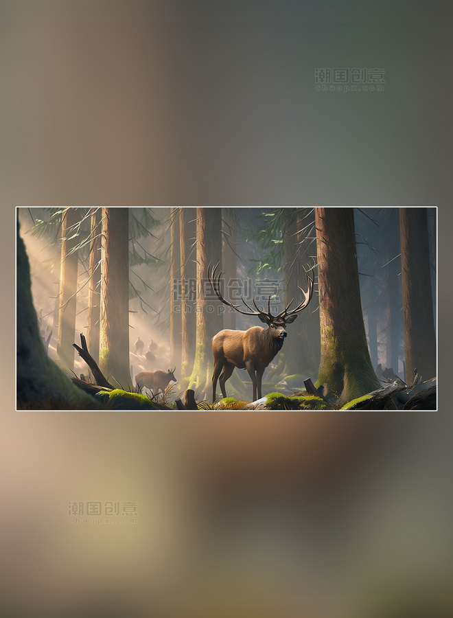 麋鹿在森林里面行走特写麋鹿动物野生动物森林背景树林摄影图