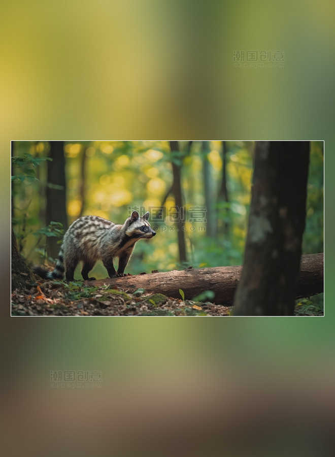 野生动物果子狸在森林里面行走特写果子狸动物森林背景树林摄影图