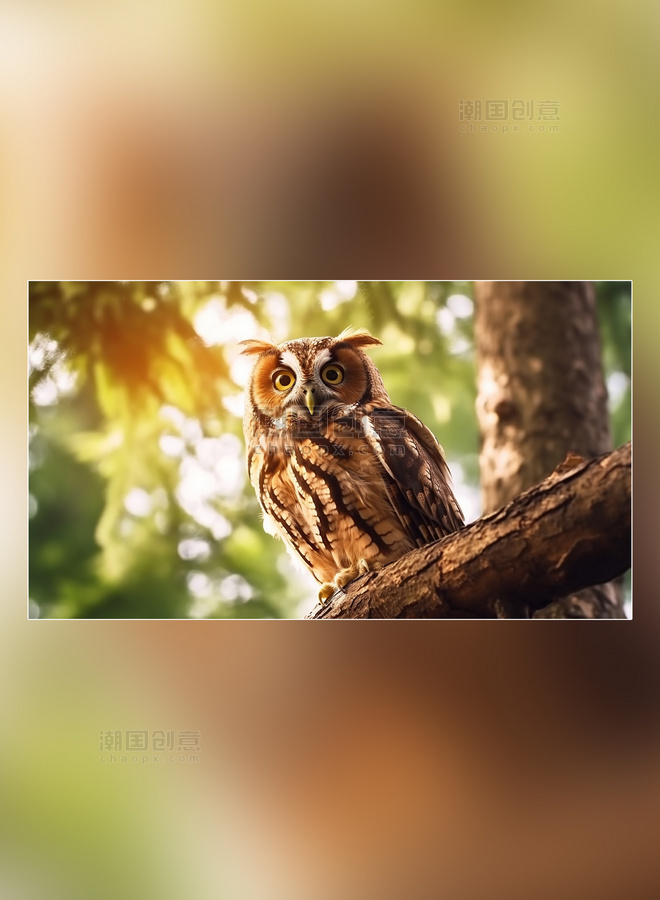 野生动物猫头鹰在树上特写猫头鹰动物森林背景树林摄影图