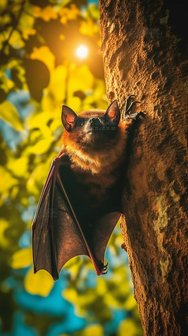 野生动物树林摄影图蝙蝠在树上特写蝙蝠动物森林背景