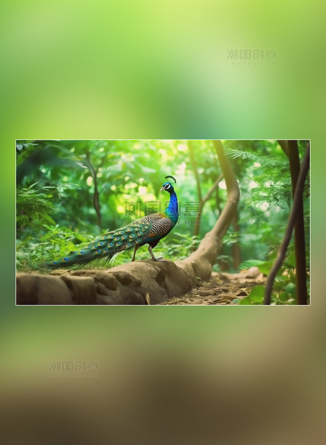 摄影图野生动物孔雀在森林里面行走特写孔雀动物森林背景树林
