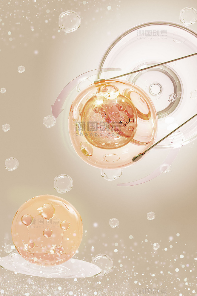 电商3D立体金色美妆细胞海报美妆美业分子背景