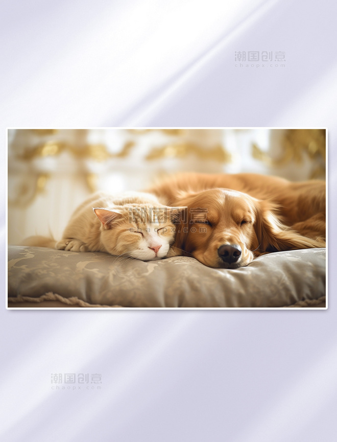 猫和狗在一起睡觉摄影图