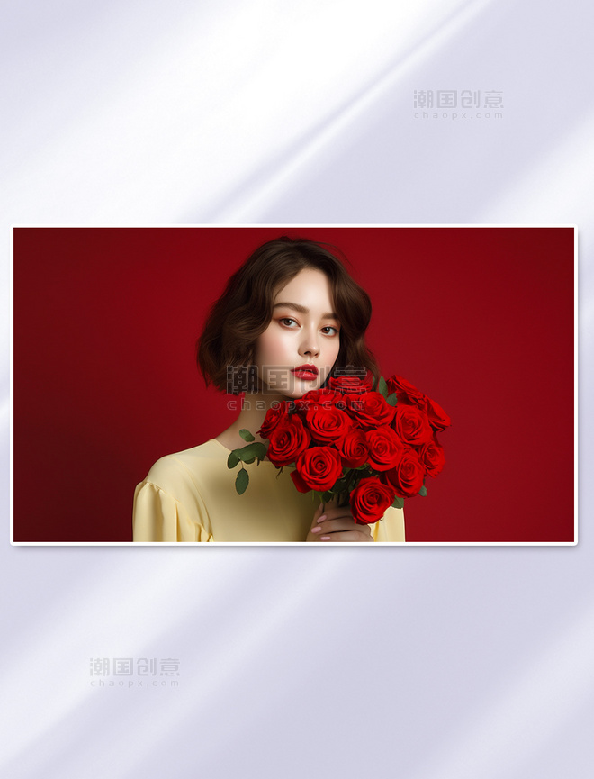 爱人情侣女人抱着一束红玫瑰摄影图