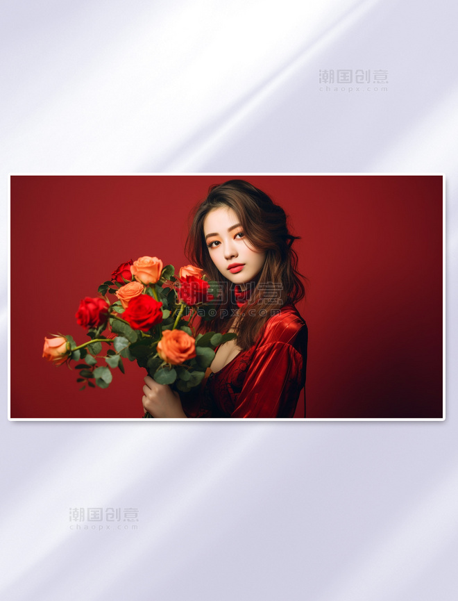 爱情陪伴女人抱着一束红玫瑰摄影图